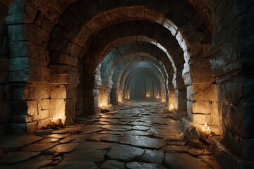 Mysterious Stone Dungeon Corridor with Flickering Lights