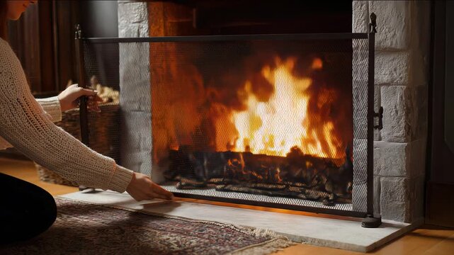 Woman moving fireplace screen as logs burn in hearth, ensuring holiday safety and fire protection footage.