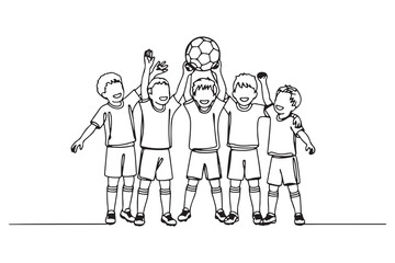 Single one line drawing happy children winning the soccer playing. Team work concept. one line Icon drawing with white background