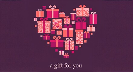 A heart shape composed of various gift boxes in pink and red hues on a dark purple background, with the text 'a gift for you' below.