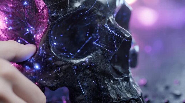 Futuristic digital skull with cosmic lighting and glowing patterns