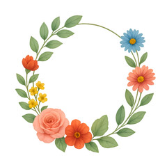 Watercolor Floral Wreath Frame with Roses and Daisies on Green Background