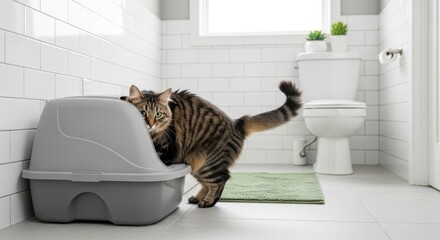 Pet hygiene concept - cute cat in litter tray in restroom