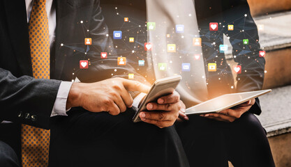 Social media interaction digital icons floating show concept of social media marketing. Online engagement, influencer marketing, and modern connection technology. Spline