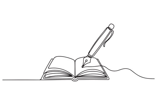 Single one line drawing Pen writing on book. Education concept. Continuous line draw design. one line Icon drawing with white background