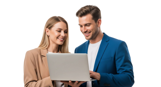 Smiling business people looking at laptop isolated on transparent background