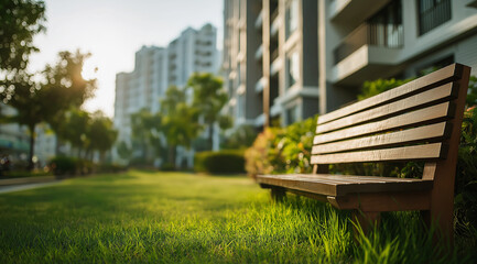 Wooden park bench in green grass with blurred apartment buildings in background at sunrise image