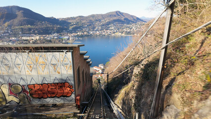 Funicular Descent to Lake Como with Graffiti