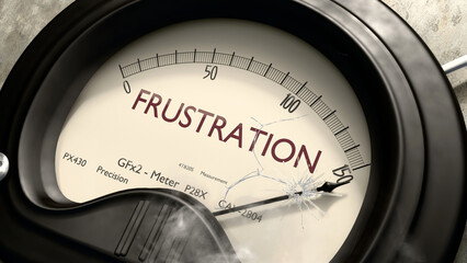Frustration meter showing high levels of frustration. Dangerously increasing values of frustration, critical overload. Too much, off the charts. Max frustration ,3d illustration