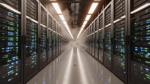 Modern Data Center Server Racks with Blinking Lights and Glowing Aisles.
