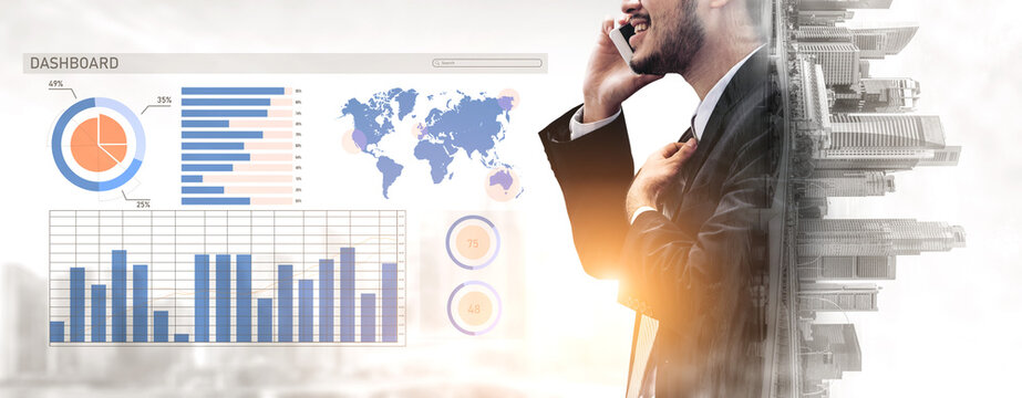 A business professional engaging in a phone conversation, surrounded by modern data visualizations and an urban skyline, showcasing a tech-savvy environment. Impute