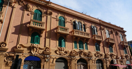 Beautiful view of old facade of building at Messina old city, Sicily
