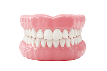 Obraz premium Full dental prosthesis, pinkish-tone gums, and white teeth. 3D model of a complete upper and lower denture