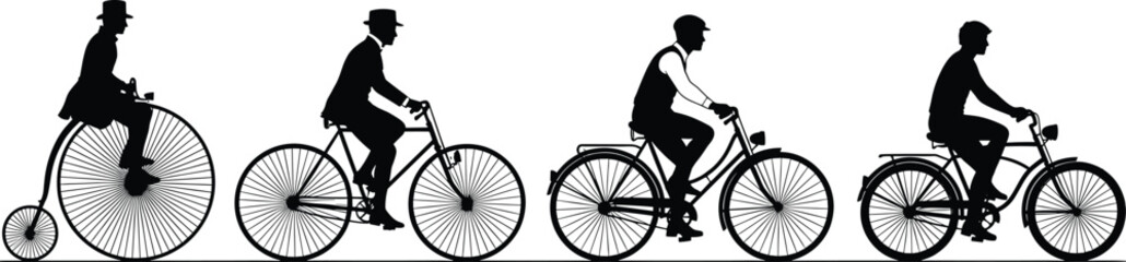 Obraz premium Silhouettes of men riding bicycles from penny-farthing to modern, bicycle, bike, cycling, evolution, history, vintage, retro, penny-farthing, old-fashioned, modern, man, silhouette, black and white, g
