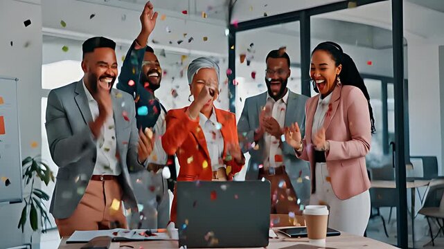 shot of team celebrating success with confetti in modern office.