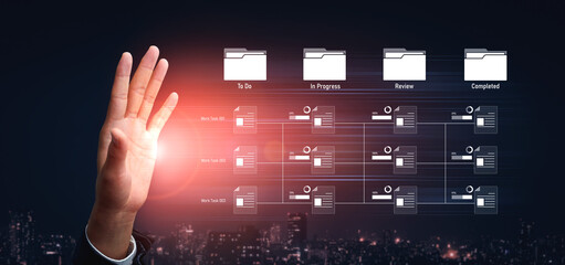 Task workflow system showing document progress through stages. Task tracking improves productivity, ensures visibility, task tracking supports planning, and task tracking manages status. Vouch