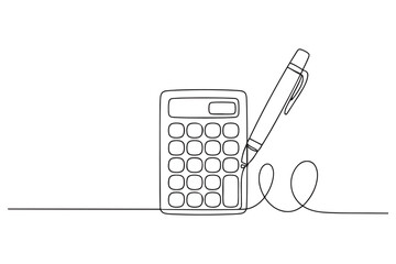 Continuous one line drawing calculator with pen. Budget planning concept. one line Icon drawing with white background