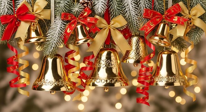 Festive golden bells adorned with red and gold ribbons hang from a christmas tree branch illuminated by soft bokeh lights