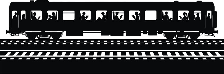 Train Carriage Silhouette with Passengers Reading vector, train, carriage, silhouette, passengers, reading, windows, railway, tracks, travel, transportation, journey, interior, people, inside, commute