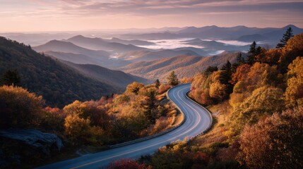 A winding mountain highway in autumn evening with colorful foliage and misty valleys under warm soft light, photorealistic and cinematic.
