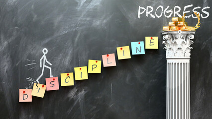 Discipline leads to Progress - a metaphor showing discipline as a fundament that is essential for progress. Symbolizes the importance of discipline and cause and effect relationship. ,3d illustration
