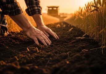 A deeply evocative and warm photograph or digital painting capturing the hands of a farmer tending to the soil at sunset