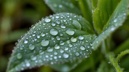 Detailed macro shot of a green leaf covered in glistening water droplets after rain or dew