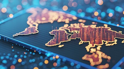 Digital World Map with Glowing Orange Lines and Blue Bokeh Lights technology global
