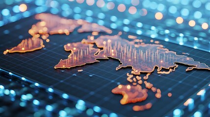 Digital World Map with Glowing Orange Lines and Blue Bokeh Lights technology global