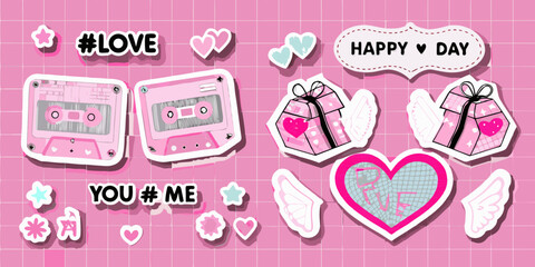 Cute pink retro cassette tapes and gift boxes with hearts and wings on a grid background
