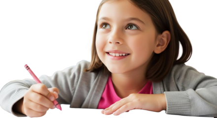 Young girl with a pencil isolated on transparent background, smiling and looking up