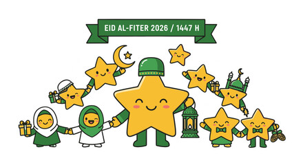 Happy Muslim Star Family Illustration for Eid Mubarak Celebration.