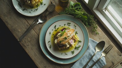 Gourmet chicken dish served on a rustic wooden table with fresh herbs and cutlery food meal