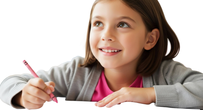 Young girl with a pencil isolated on transparent background, smiling and looking up - Powered by Adobe