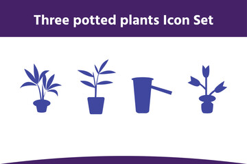 Three potted plants and watering can illustration Icon Set