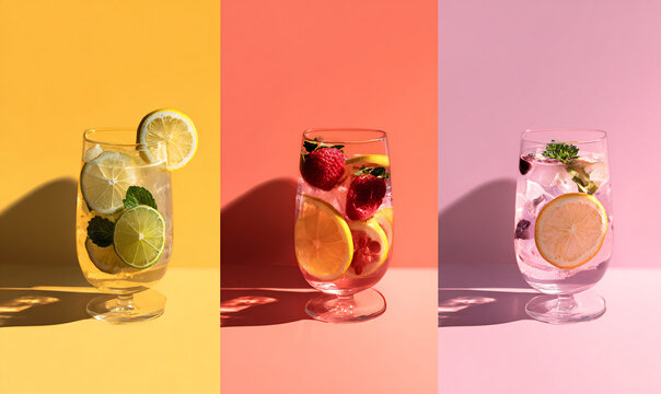 Refreshing summer drinks: colorful fruit infused beverages on split background
