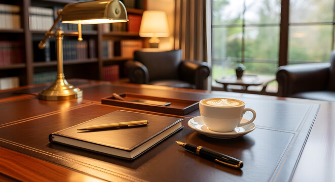 Luxurious study desk with coffee cup notebook and pens in a classic office library setting