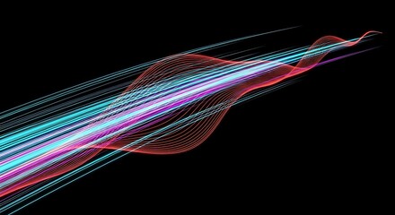 Vibrant neon light streaks flowing dynamically across dark background