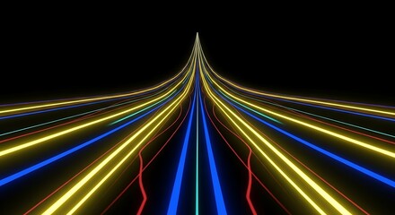 Vibrant neon lines flow dynamically toward a bright future in darkness