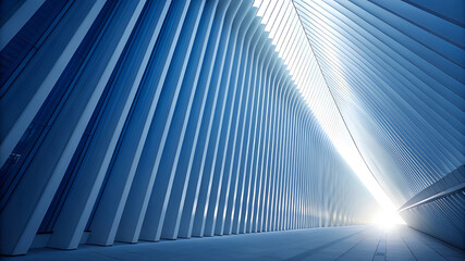 Abstract blue architectural structure with dramatic light beam