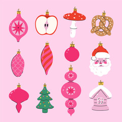 A set of cute Christmas glass decorations. Vector graphics.