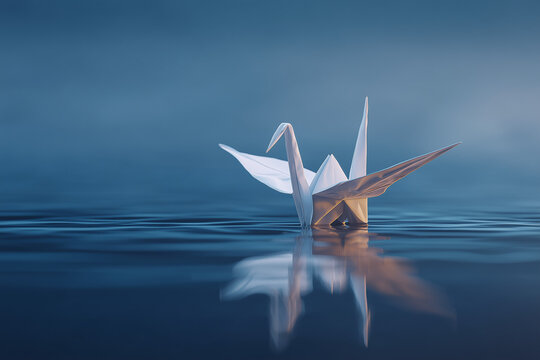 Paper Crane Floating on Water