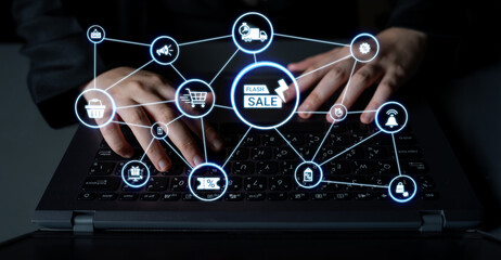 Flash sale icons show ecommerce, flash sale discount, and digital promotion. Flash sale drives...