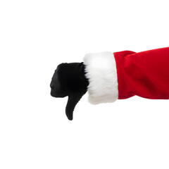 A black gloved hand in a red Santa Claus sleeve gives a thumbs down gesture. The background is transparent, emphasizing the isolated hand.
