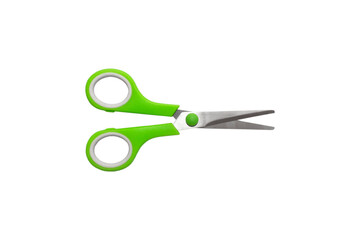School green scissors closed, green handle isolated on white background. School stationery.