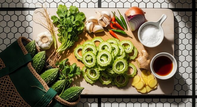 Fresh Culinary Ingredients Displaying Bitter Melon And Other Vegetables On Cutting Board