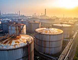 Storage Tank Farm With Oxidized Pipes and Zinc Discoloration