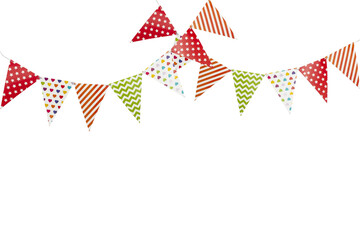 A carnival garland with multicolored flags on a white background. Decorative colorful pennants for birthday and New Year's celebrations.