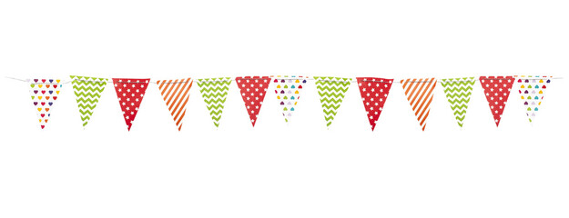 A carnival garland with multicolored flags on a white background. Decorative colorful pennants for birthday and New Year's celebrations.