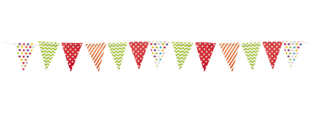 A carnival garland with multicolored flags on a white background. Decorative colorful pennants for birthday and New Year's celebrations.